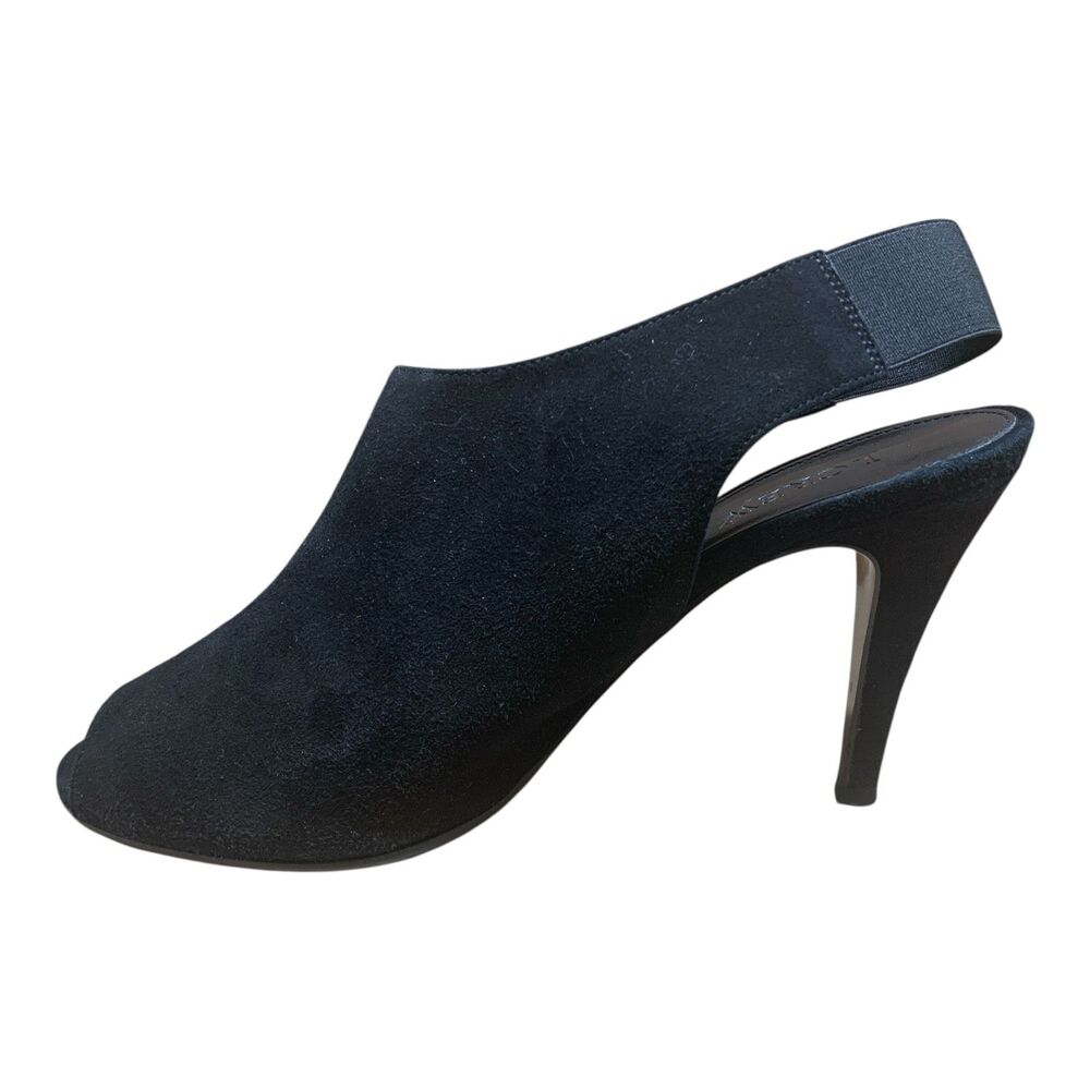 J.Crew Black Leather Suede Heels Size 8 Slingback PeepToe Stiletto Womens Shoes
